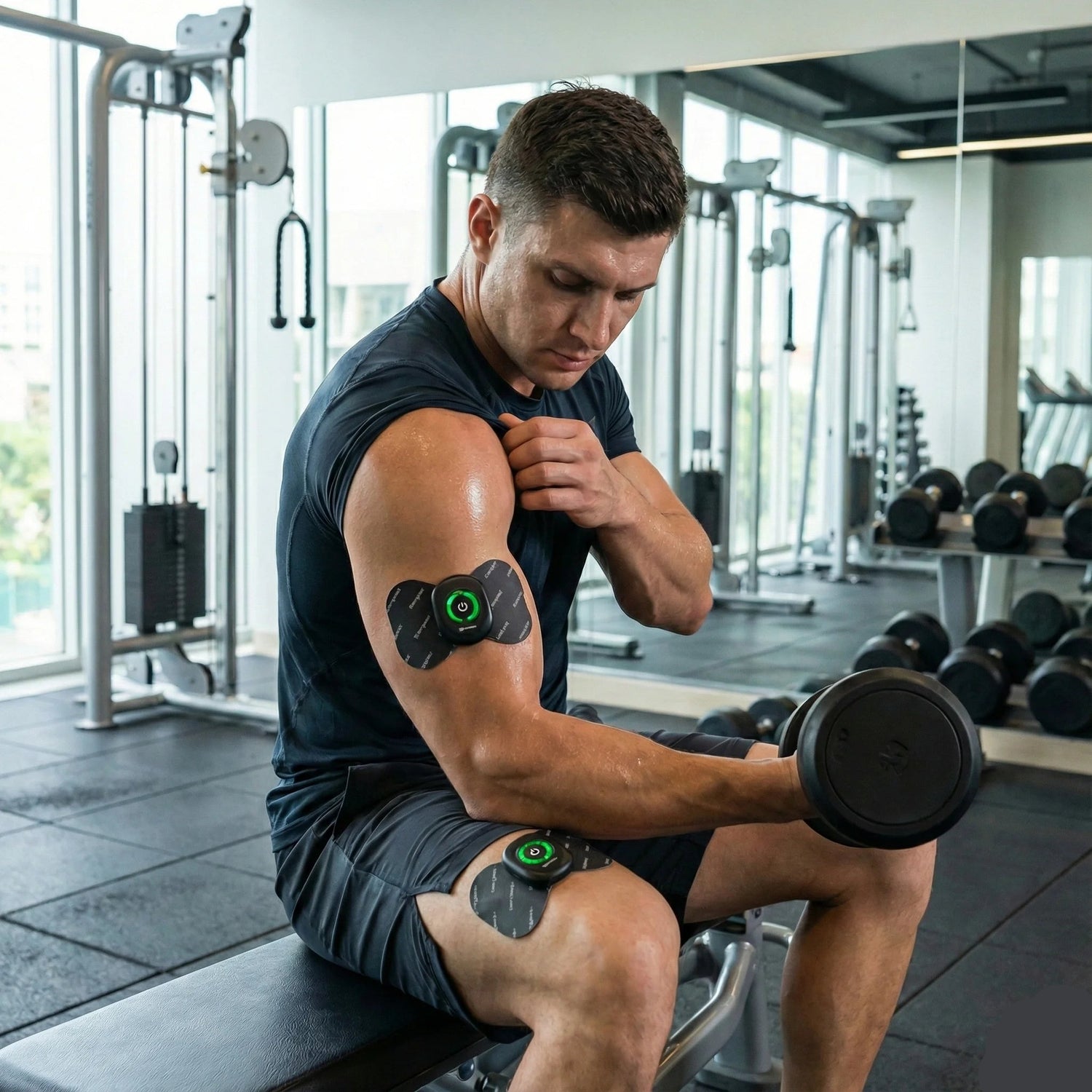 Man exercising with dumbbells in a gym setting, wearing electronic arm devices.