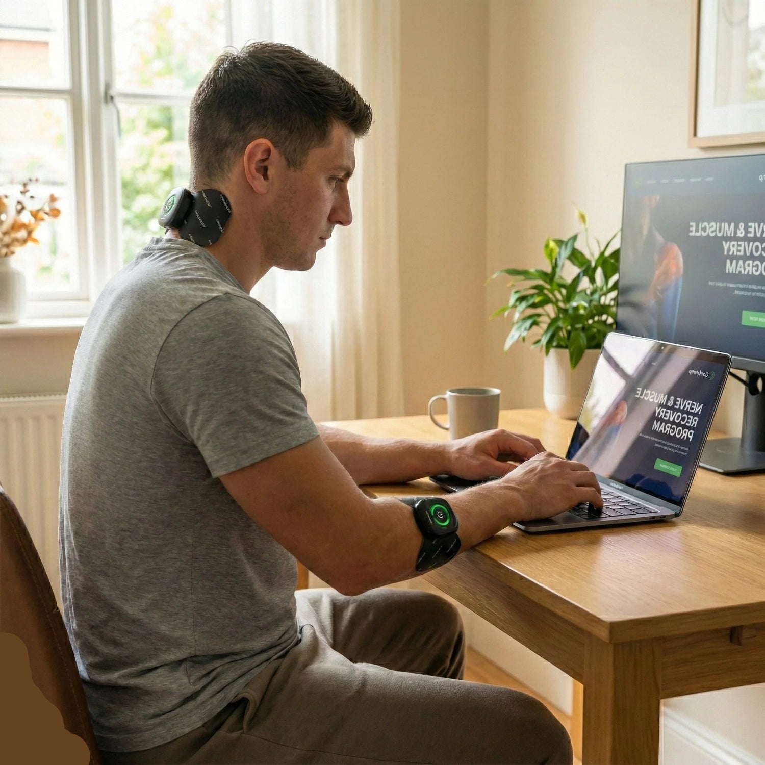 Man sitting at a desk working on a laptop with a cup and monitor in front of him.